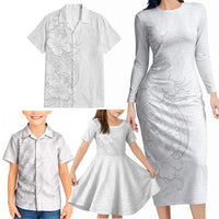 Tokelau White Sunday Family Matching Long Sleeve Bodycon Dress and Hawaiian Shirt Elegant Hibiscus Polynesian Tribal Pattern