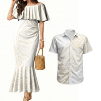 Tonga White Sunday Couples Matching Mermaid Dress and Hawaiian Shirt Lotu Tamaiti Tongan Kupesi Pattern