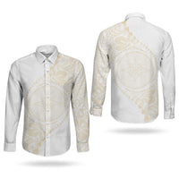 Tonga White Sunday Couples Matching Puletasi and Long Sleeve Button Shirt Lotu Tamaiti Tongan Kupesi Pattern