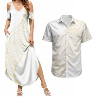 Tonga White Sunday Couples Matching Summer Maxi Dress and Hawaiian Shirt Lotu Tamaiti Tongan Kupesi Pattern