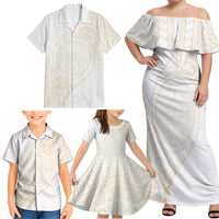 Tonga White Sunday Family Matching Off Shoulder Maxi Dress and Hawaiian Shirt Lotu Tamaiti Tongan Kupesi Pattern
