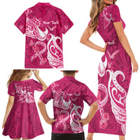 Personalized Breast Cancer Awareness Family Matching Short Sleeve Bodycon Dress and Hawaiian Shirt Ribbon Polynesian Pattern Pink Version LT05 - Polynesian Pride