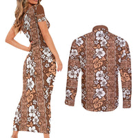 Hawaii Vintage Brown Hibiscus Tapa Pattern Couples Matching Short Sleeve Bodycon Dress and Long Sleeve Button Shirt