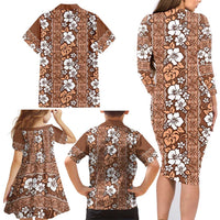 Hawaii Vintage Brown Hibiscus Tapa Pattern Family Matching Long Sleeve Bodycon Dress and Hawaiian Shirt