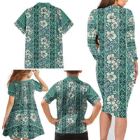 Hawaii Vintage Green Hibiscus Tapa Pattern Family Matching Long Sleeve Bodycon Dress and Hawaiian Shirt