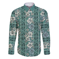 Hawaii Vintage Green Hibiscus Tapa Pattern Family Matching Off Shoulder Maxi Dress and Hawaiian Shirt