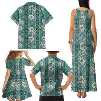 Hawaii Vintage Green Hibiscus Tapa Pattern Family Matching Tank Maxi Dress and Hawaiian Shirt