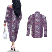 Hawaii Vintage Violet Hibiscus Tapa Pattern Couples Matching Off The Shoulder Long Sleeve Dress and Long Sleeve Button Shirt