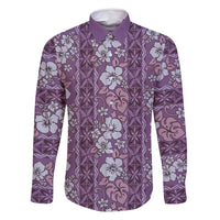 Hawaii Vintage Violet Hibiscus Tapa Pattern Family Matching Off Shoulder Maxi Dress and Hawaiian Shirt