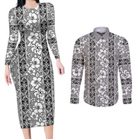 Hawaii Vintage Gray Hibiscus Tapa Pattern Couples Matching Long Sleeve Bodycon Dress and Long Sleeve Button Shirt