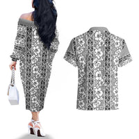 Hawaii Vintage Gray Hibiscus Tapa Pattern Couples Matching Off The Shoulder Long Sleeve Dress and Hawaiian Shirt