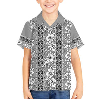Hawaii Vintage Gray Hibiscus Tapa Pattern Family Matching Off Shoulder Maxi Dress and Hawaiian Shirt
