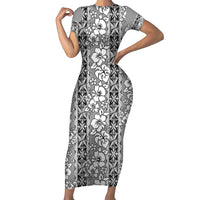 Hawaii Vintage Gray Hibiscus Tapa Pattern Family Matching Short Sleeve Bodycon Dress and Hawaiian Shirt