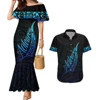 Aotearoa New Zealand Couples Matching Mermaid Dress and Hawaiian Shirt Koru Fern Blue Gradient LT05 Blue - Polynesian Pride