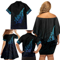 Aotearoa New Zealand Family Matching Off Shoulder Short Dress and Hawaiian Shirt Koru Fern Blue Gradient