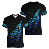 Aotearoa New Zealand Women V-Neck T-Shirt Koru Fern Blue Gradient