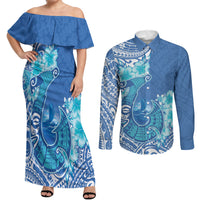 Hawaii Discoverers Day Couples Matching Off Shoulder Maxi Dress and Long Sleeve Button Shirt Polynesian Fish Hook With Hibiscus Blue
