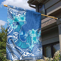 Hawaii Discoverers Day Garden Flag Polynesian Fish Hook With Hibiscus Blue