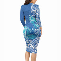 Hawaii Discoverers Day Long Sleeve Bodycon Dress Polynesian Fish Hook With Hibiscus Blue
