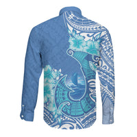 Hawaii Discoverers Day Long Sleeve Button Shirt Polynesian Fish Hook With Hibiscus Blue