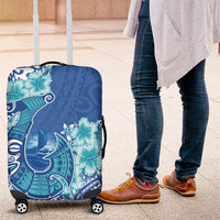 Hawaii Discoverers Day Luggage Cover Polynesian Fish Hook With Hibiscus Blue