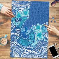 Hawaii Discoverers Day Puzzle Polynesian Fish Hook With Hibiscus Blue