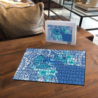 Hawaii Discoverers Day Puzzle Polynesian Fish Hook With Hibiscus Blue