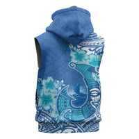 Hawaii Discoverers Day Sleeveless Hoodie Polynesian Fish Hook With Hibiscus Blue