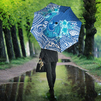 Hawaii Discoverers Day Umbrella Polynesian Fish Hook With Hibiscus Blue