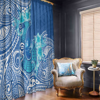 Hawaii Discoverers Day Window Curtain Polynesian Fish Hook With Hibiscus Blue