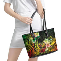 Hawaii Discoverers Day Leather Tote Bag Polynesian Fish Hook With Hibiscus Reggae