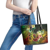 Hawaii Discoverers Day Leather Tote Bag Polynesian Fish Hook With Hibiscus Reggae