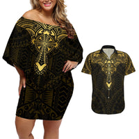 Personalized Polynesia Couples Matching Off Shoulder Short Dress and Hawaiian Shirt With Christian Cross LT05 Gold - Polynesian Pride