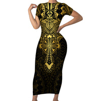 Personalized Polynesia Short Sleeve Bodycon Dress With Christian Cross LT05 Long Dress Gold - Polynesian Pride