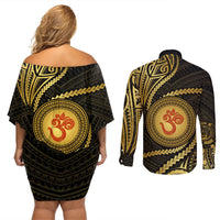 Polynesia Couples Matching Off Shoulder Short Dress and Long Sleeve Button Shirt With Hindu Om Symbol LT05 - Polynesian Pride