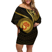 Polynesia Family Matching Off Shoulder Short Dress and Hawaiian Shirt With Hindu Om Symbol LT05 Mom's Dress Gold - Polynesian Pride