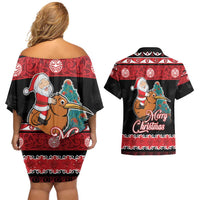 New Zealand Christmas Couples Matching Off Shoulder Short Dress and Hawaiian Shirt Funny Santa Riding Kiwi Meri Kirihimete LT05 - Polynesian Pride
