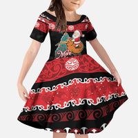 New Zealand Christmas Family Matching Off The Shoulder Long Sleeve Dress and Hawaiian Shirt Funny Santa Riding Kiwi Meri Kirihimete LT05 Daughter's Dress Black - Polynesian Pride