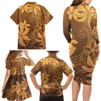 Tiare Tahiti Family Matching Long Sleeve Bodycon Dress and Hawaiian Shirt Brown Polynesia Motifs - Polynesian Pride