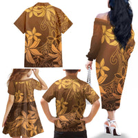 Tiare Tahiti Family Matching Off The Shoulder Long Sleeve Dress and Hawaiian Shirt Brown Polynesia Motifs - Polynesian Pride