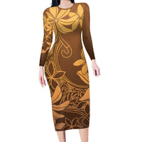 Tiare Tahiti Long Sleeve Bodycon Dress Brown Polynesia Motifs - Polynesian Pride