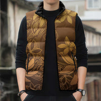 Tiare Tahiti Sleeveless Puffer Jacket Brown Polynesia Motifs - Polynesian Pride