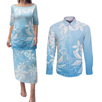 Tiare Tahiti Couples Matching Puletasi and Long Sleeve Button Shirt Blue Polynesia Motifs - Polynesian Pride