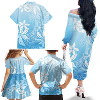 Tiare Tahiti Family Matching Off The Shoulder Long Sleeve Dress and Hawaiian Shirt Blue Polynesia Motifs - Polynesian Pride