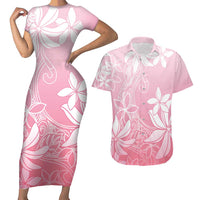 Tiare Tahiti Couples Matching Short Sleeve Bodycon Dress and Hawaiian Shirt Pink Polynesia Motifs - Polynesian Pride