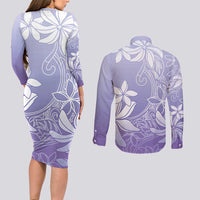 Tiare Tahiti Couples Matching Long Sleeve Bodycon Dress and Long Sleeve Button Shirt Purple Polynesia Motifs - Polynesian Pride