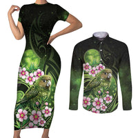 New Zealand Aotearoa Kakapo Couples Matching Short Sleeve Bodycon Dress and Long Sleeve Button Shirt Maori Pattern With Manuka Galaxy Style LT05 Green - Polynesian Pride