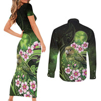 New Zealand Aotearoa Kakapo Couples Matching Short Sleeve Bodycon Dress and Long Sleeve Button Shirt Maori Pattern With Manuka Galaxy Style LT05 - Polynesian Pride