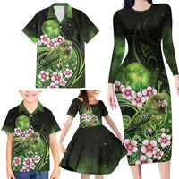 New Zealand Aotearoa Kakapo Family Matching Long Sleeve Bodycon Dress and Hawaiian Shirt Maori Pattern With Manuka Galaxy Style - Polynesian Pride