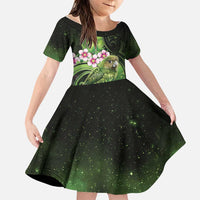 New Zealand Aotearoa Kakapo Family Matching Off Shoulder Short Dress and Hawaiian Shirt Maori Pattern With Manuka Galaxy Style LT05 Daughter's Dress Green - Polynesian Pride